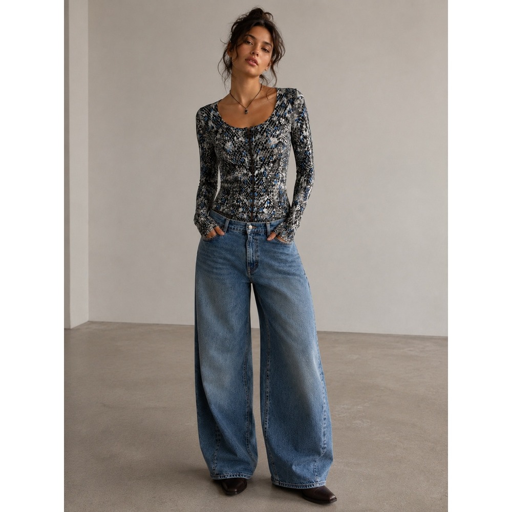 Cache Snake Print Rib Knit Zip Front Top Size M Blue Gray Stretch Y2K Going Out